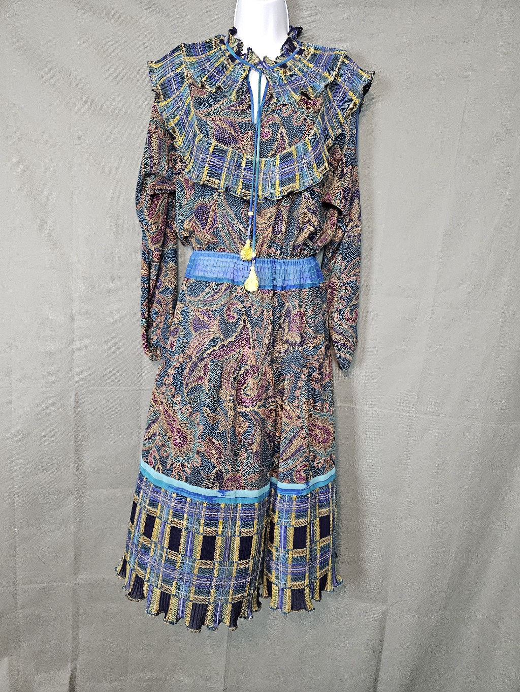 Vintage Blue Paisley Long Sleeve Ruffle Dress With Plaid Trim